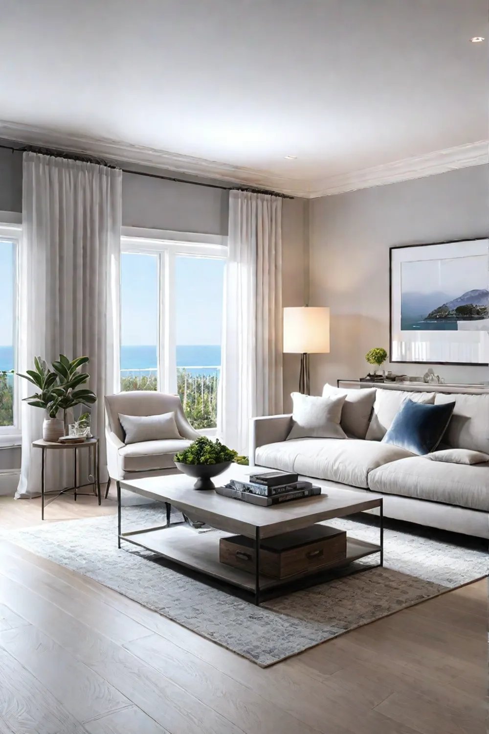 Small living room with lightcolored walls flooring and furnishings