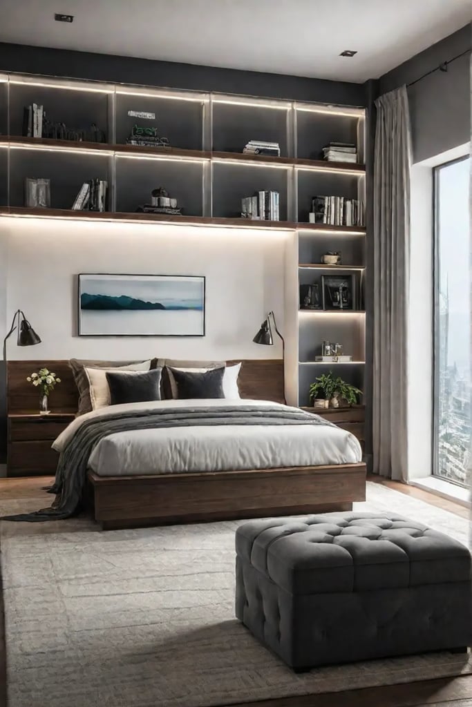 Storage bench with lifttop lid in an organized reading nook