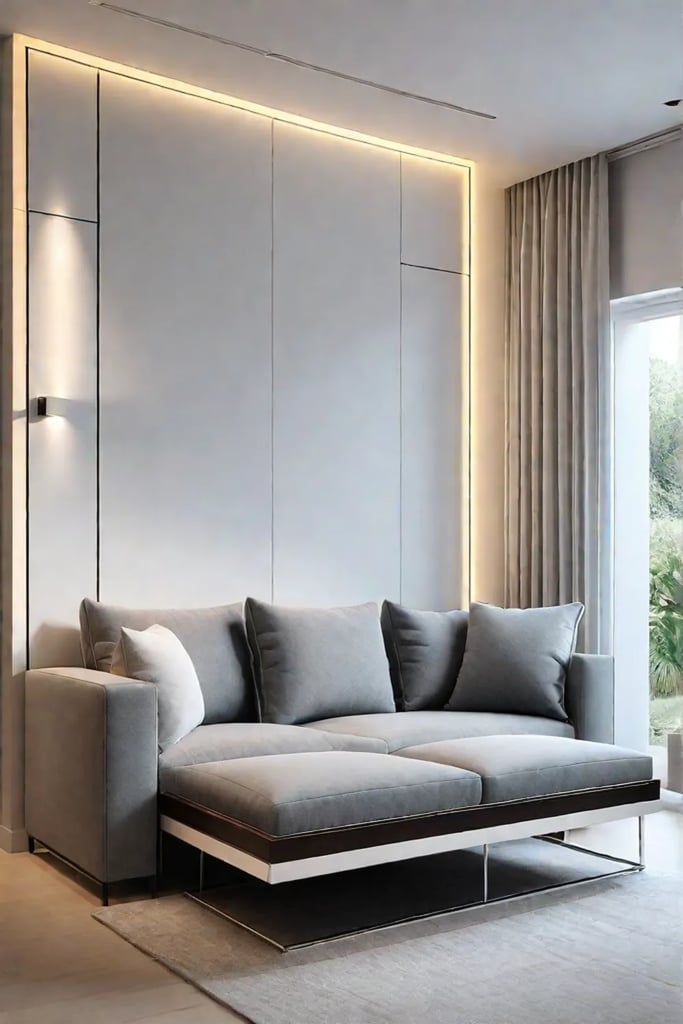 Studio apartment with Murphy bed convertible coffee table and modular sofa