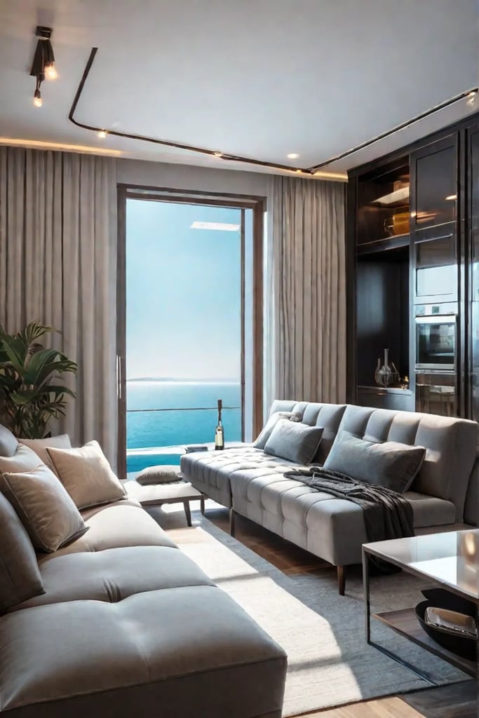 Sunlit living room with a sofa bed storage ottoman and folding dining