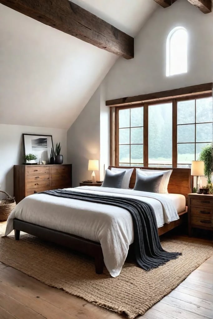 Sunlit rustic bedroom with natural textures