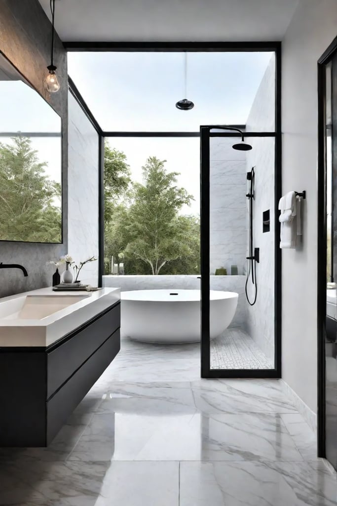 Sunlit walkin shower with natural stone and a builtin bench