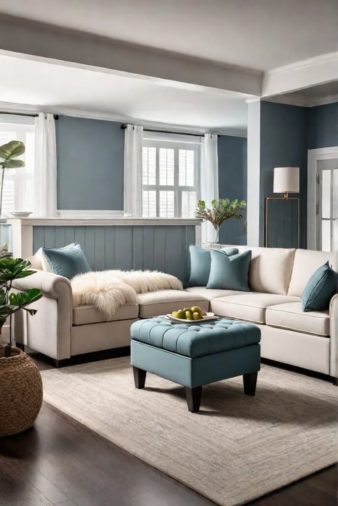 Traditional living room with a sleeper sofa storage ottoman and gateleg dining