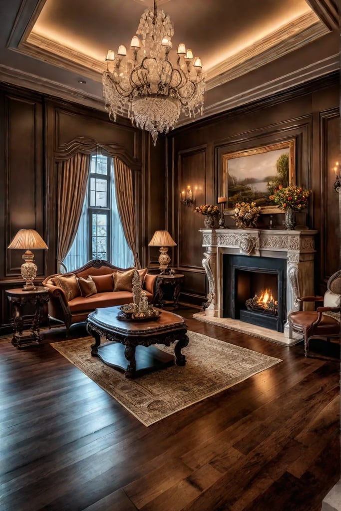 Traditional living room with stone fireplace and antique decor