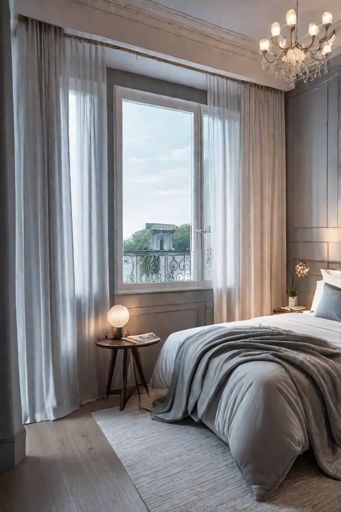 Tranquil bedroom with layered lighting and cool color palette