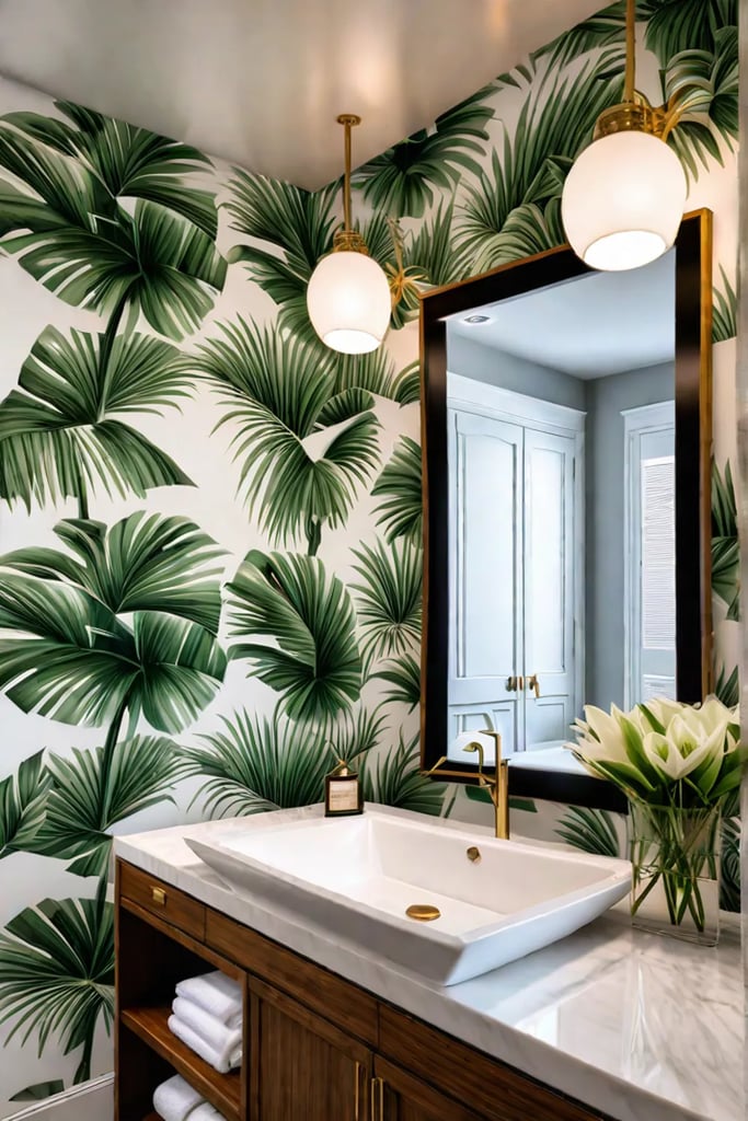 Tropical bathroom with layered lighting