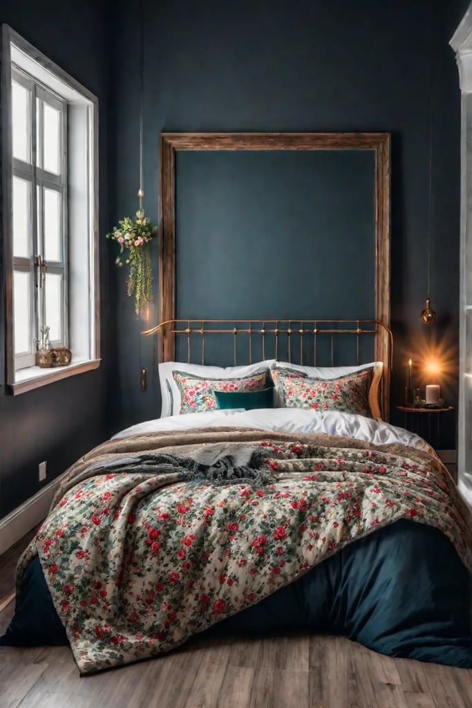 Upcycled window frame headboard with mirrors and floral bedding