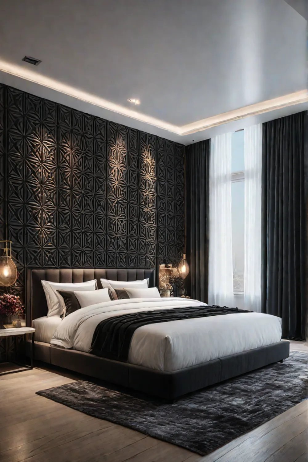 Upholstered headboard with geometric pattern