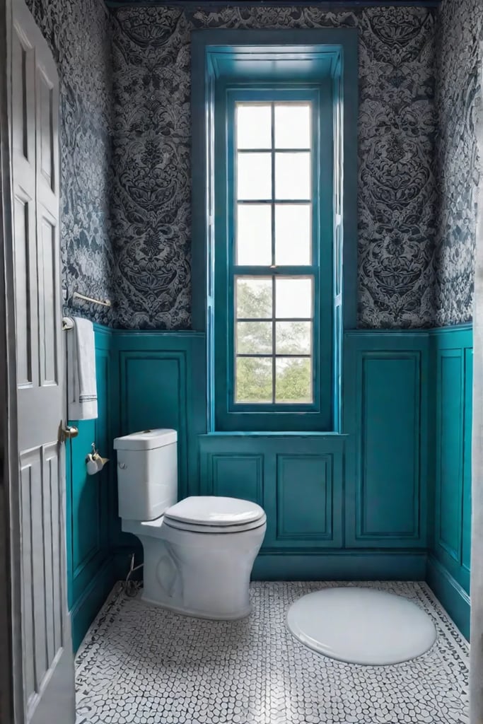 Vibrant bathroom with colorful walls and white tile floor infusing the space