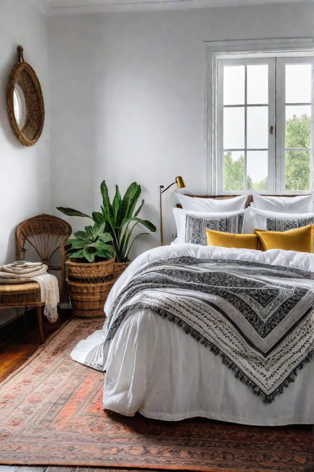 Vintage tablecloth bed skirt in cozy bedroom