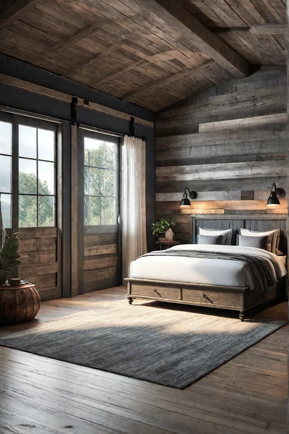 Weathered fence board sliding barn door in a rustic bedroom