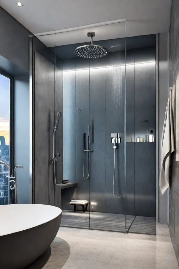 Wet room shower with linear drain and rainfall showerhead