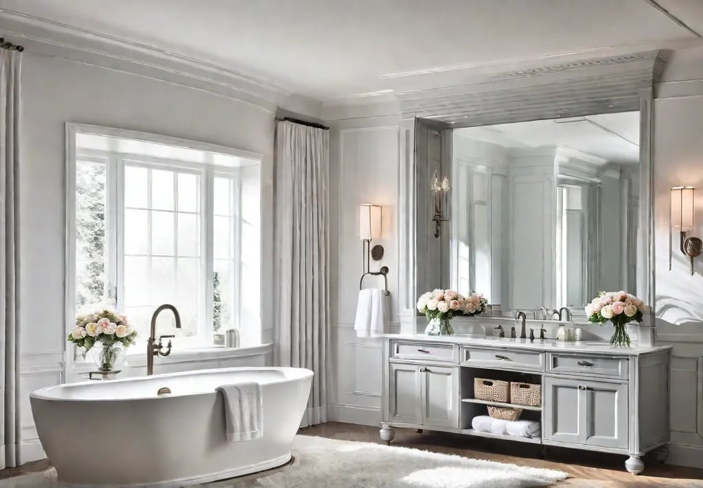 A bright and airy bathroom with a newly painted vanity in afeat