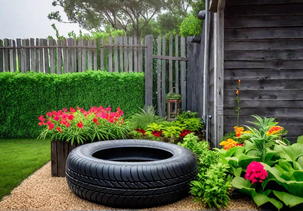A charming backyard with repurposed items like tires and pallets transformed intofeat