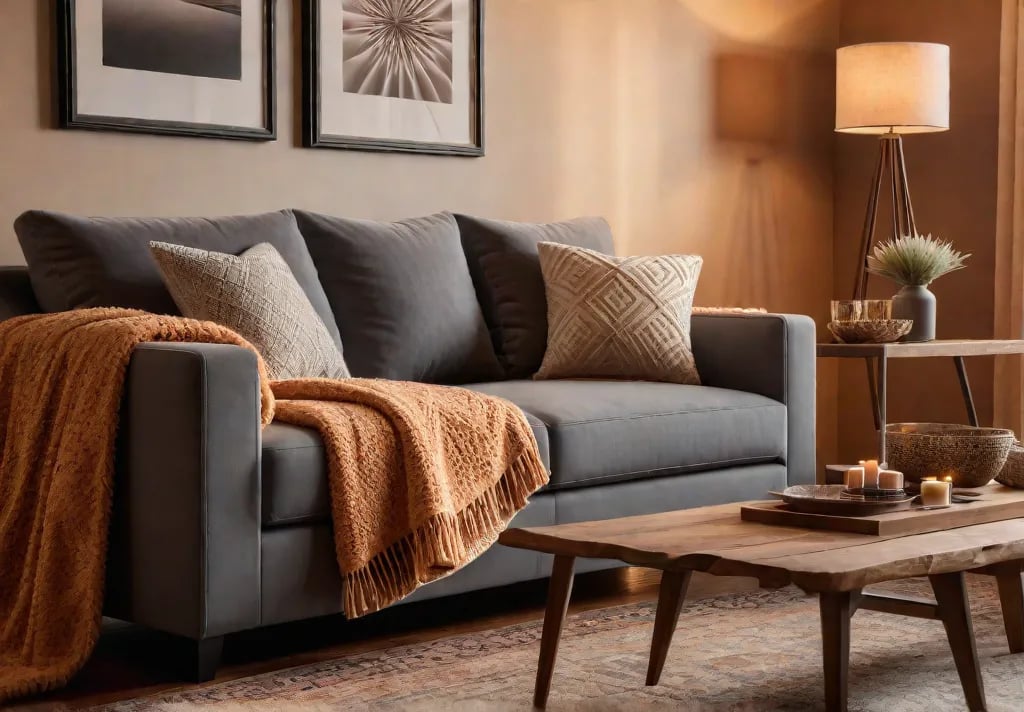 A cozy living room bathed in the warm glow of sunset withfeat