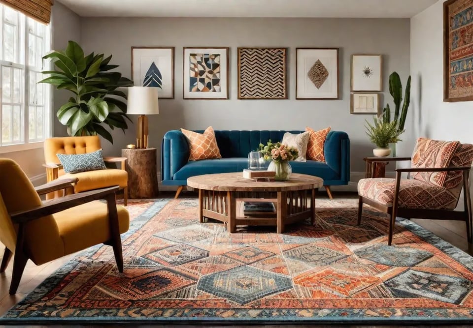 A cozy living room bathed in warm sunlight featuring a plush rugfeat