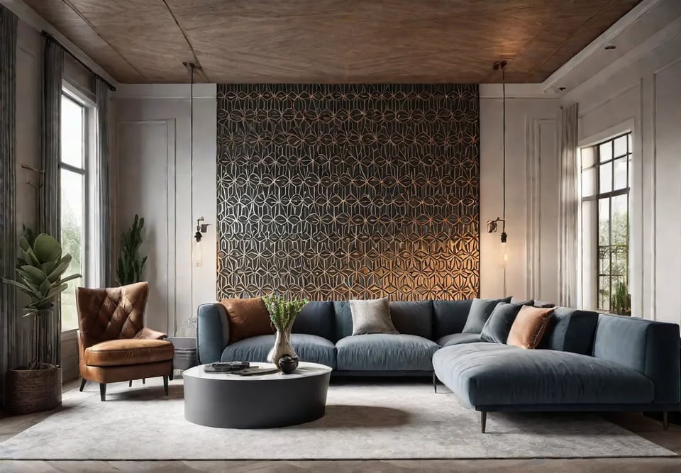 A cozy living room with a captivating accent wall adorned with afeat