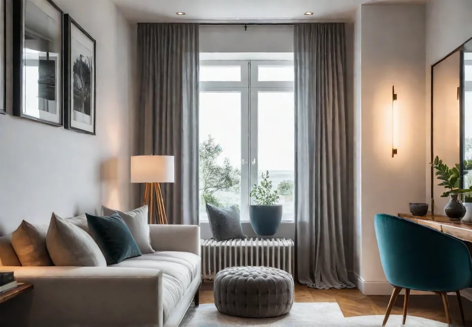 A cozy small bedroom bathed in natural sunlight with sheer curtains gentlyfeat