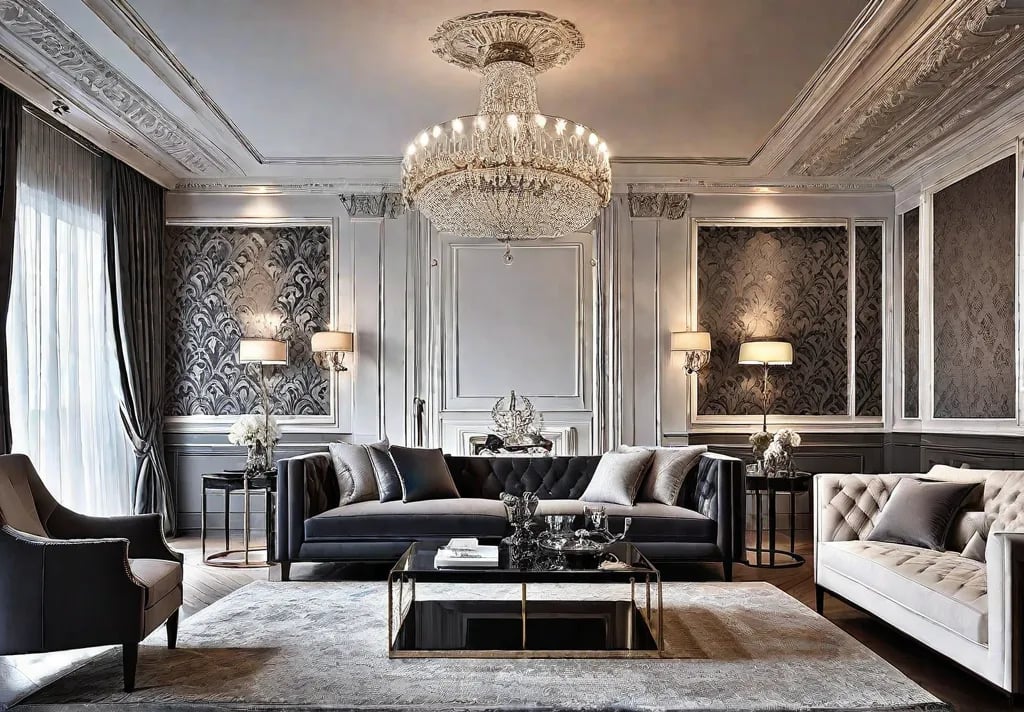 A living room with classic damask wallpaper balanced by modern furniture andfeat