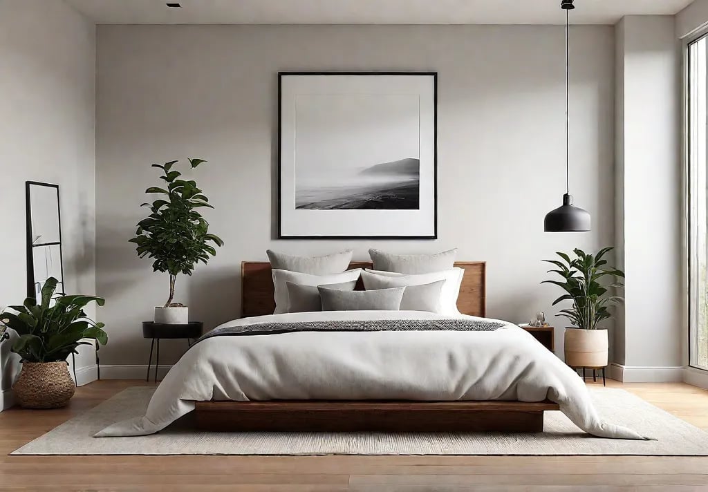 A minimalist bedroom bathed in soft natural light with a white bedfeat