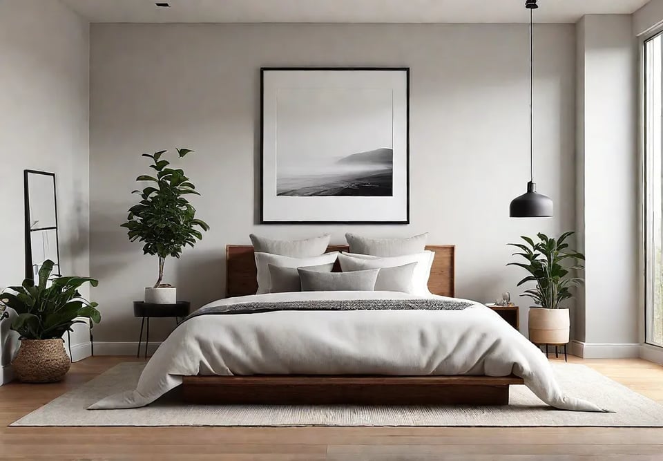 A minimalist bedroom bathed in soft natural light with a white bedfeat