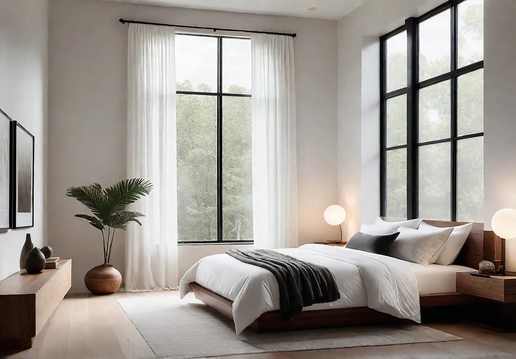A minimalist bedroom with a neutral color palette featuring a platform bedfeat