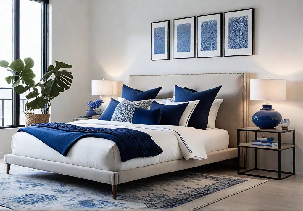 A minimalist bedroom with white walls a beige linen bed a grayfeat