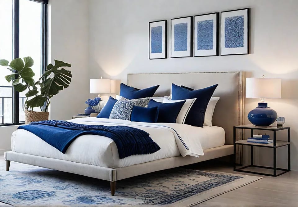 A minimalist bedroom with white walls a beige linen bed a grayfeat