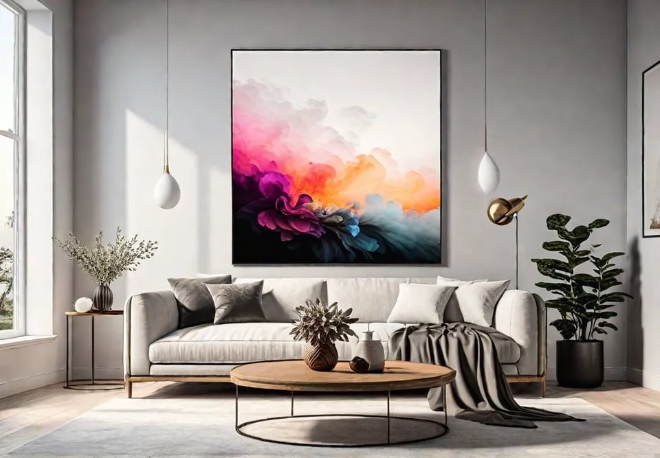 A minimalist living room with a large abstract painting in muted tonesfeat