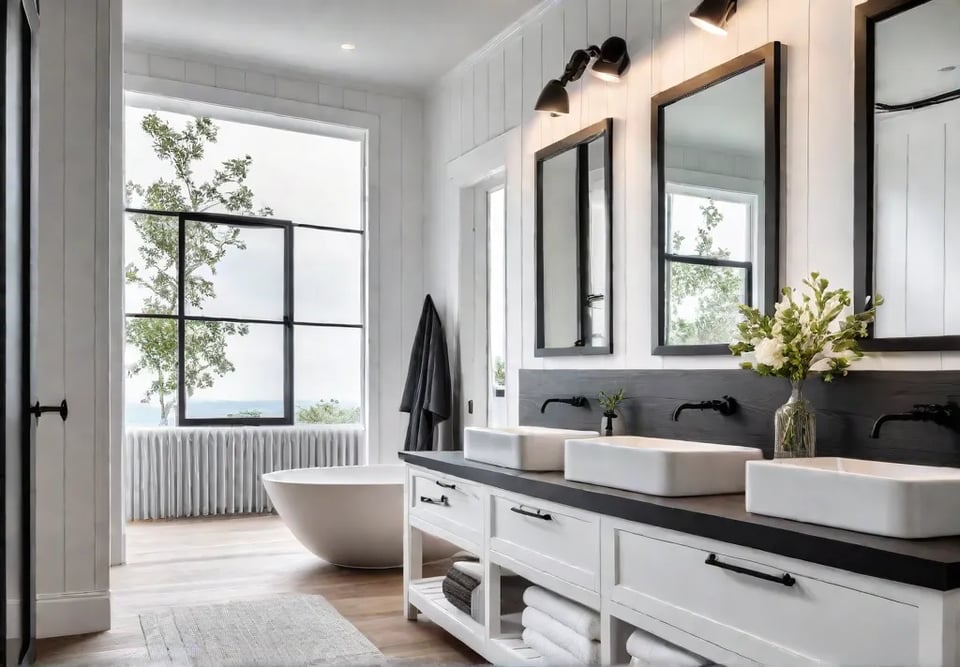 A modern farmhouse bathroom featuring a spacious double vanity with two vesselfeat