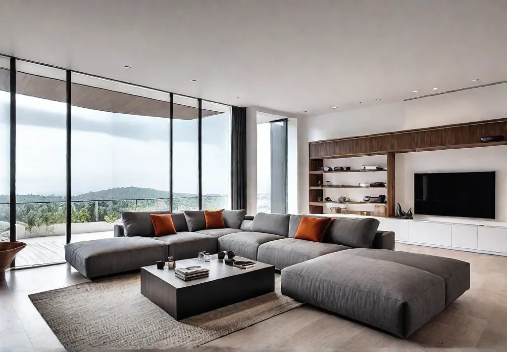 A modern living room bathed in natural light featuring a modular sectionalfeat