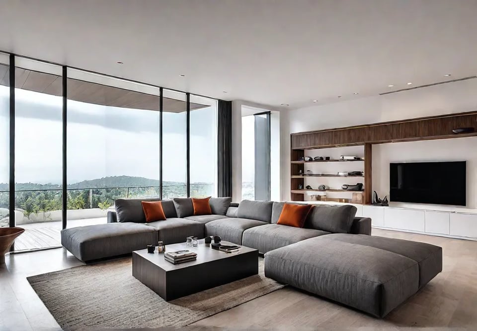 A modern living room bathed in natural light featuring a modular sectionalfeat