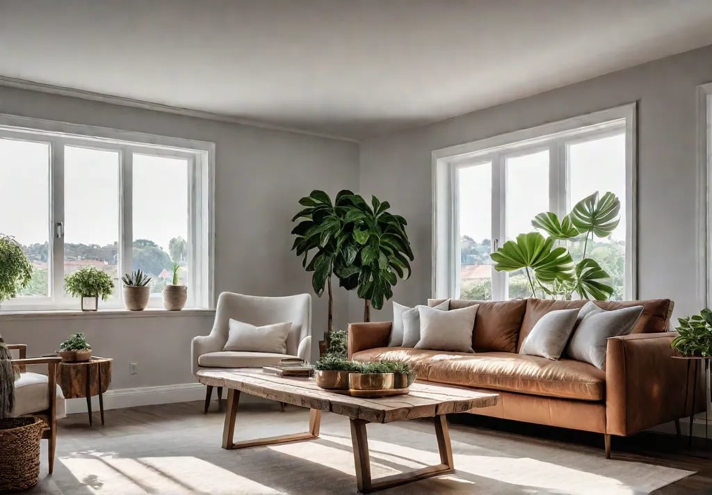 A modern living room bathed in sunlight streaming through large windows furnishedfeat