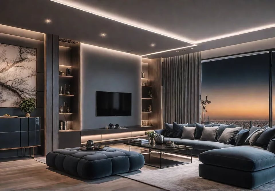 A modern living room bathed in warm adjustable smart lighting highlighting afeat