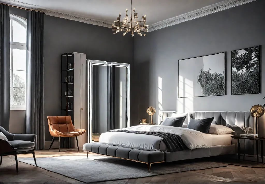 A small bedroom transformed with a large ornately framed mirror placed oppositefeat