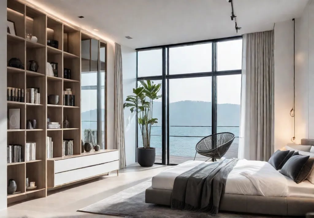 A small bedroom with white walls and a large window featuring sheerfeat