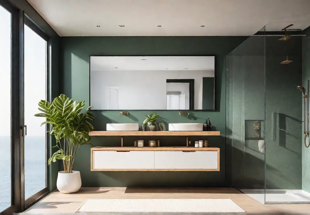 A sundrenched bathroom with a minimalist floating vanity made of light woodfeat