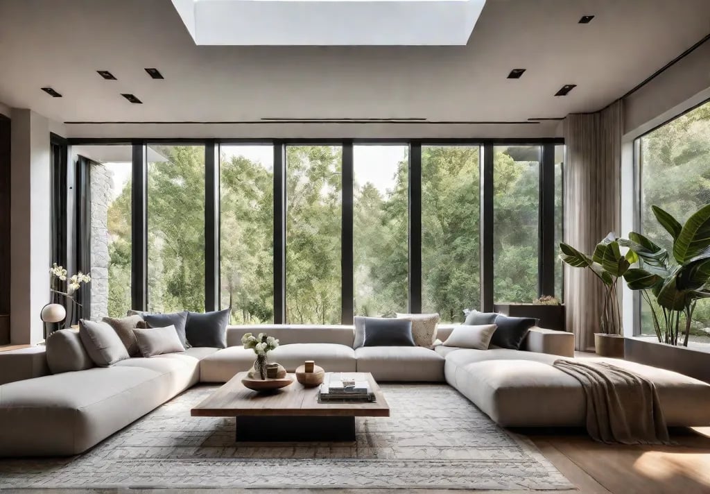 A sunlit modern living room with minimalist furniture neutral color palettes andfeat