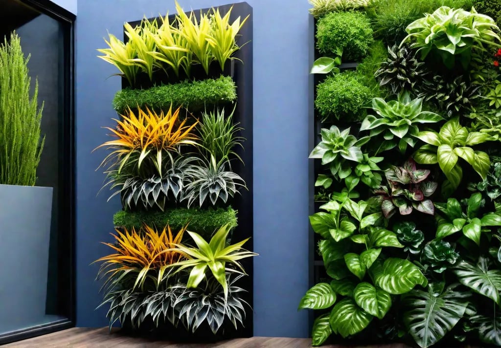 A vibrant vertical garden flourishing with a variety of plants and flowersfeat
