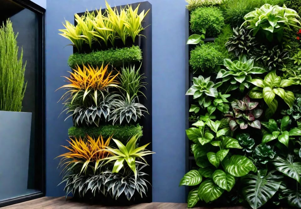 A vibrant vertical garden flourishing with a variety of plants and flowersfeat