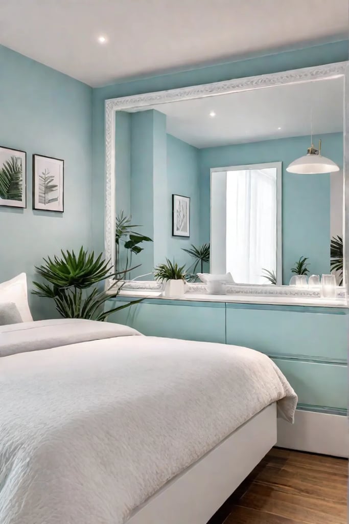 A carefully chosen mirror frame complements the color palette of a small bedroom enhancing the overall aesthetic and sense of space