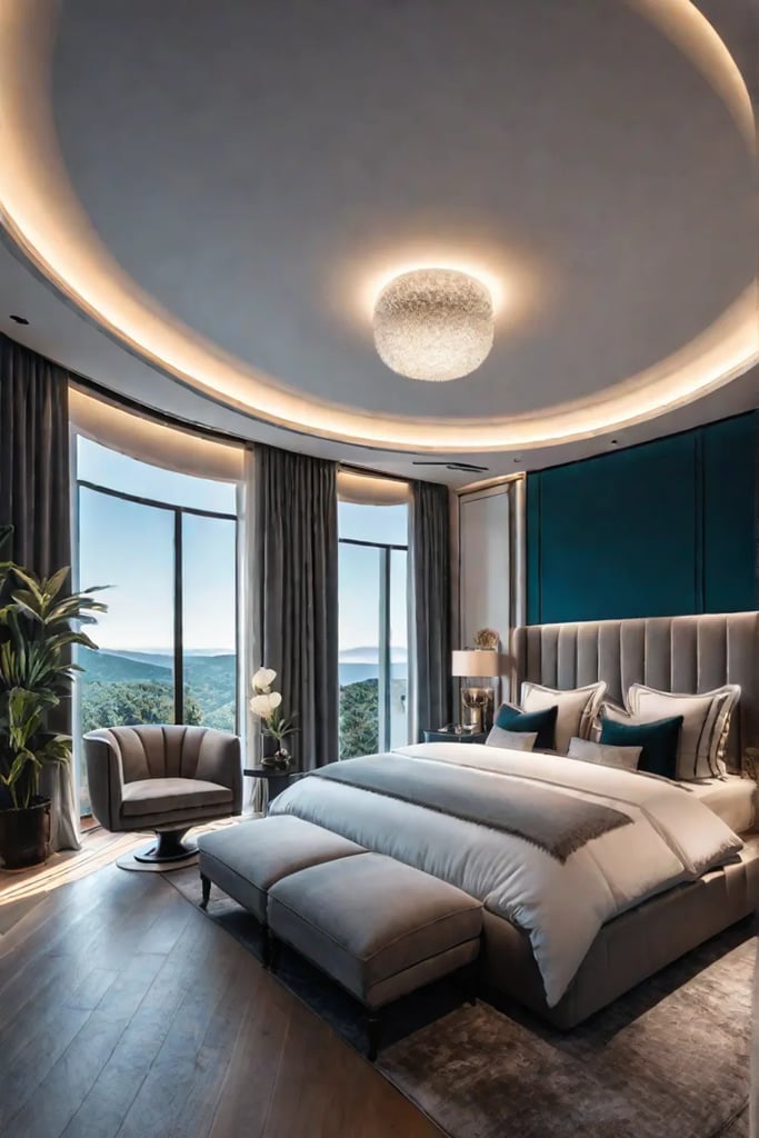 A convex mirror reflects a charming bedroom scene adding depth and visual interest to the space