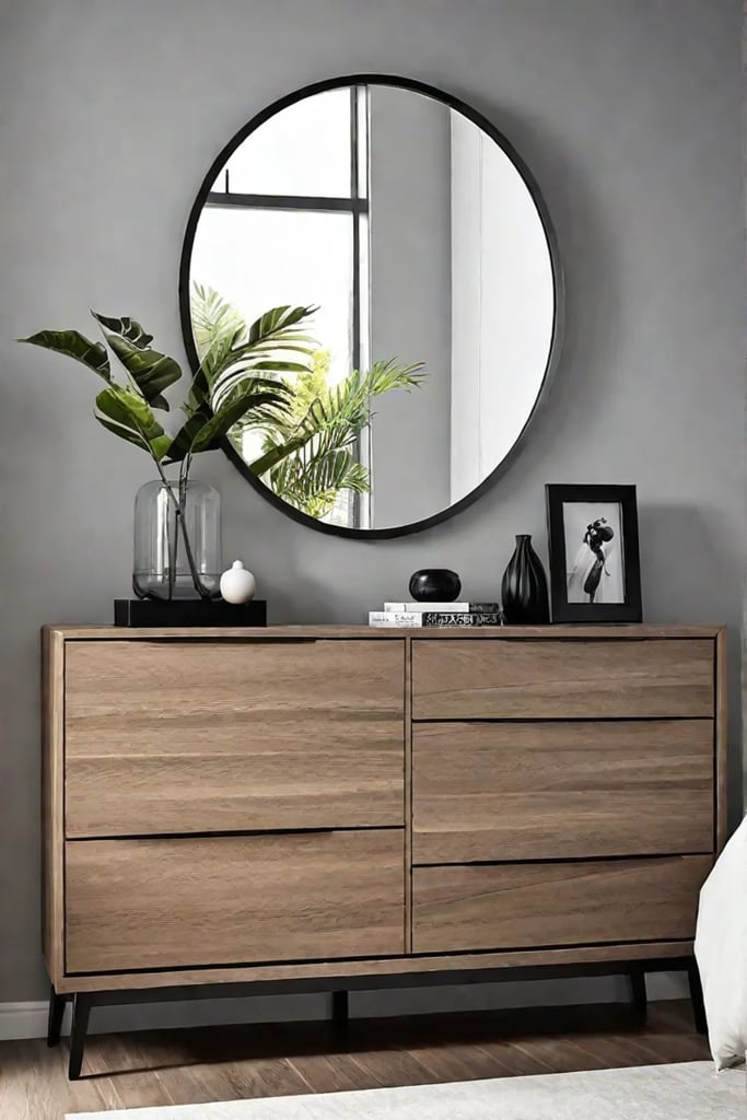 A frameless mirror reflects a modern dresser and pendant light adding a touch of sophistication to a small bedroom