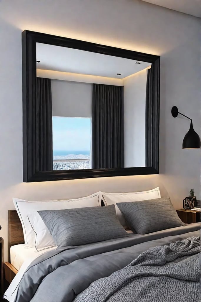 A gallery wall of mirrors reflects light and creates a captivating display making a small bedroom feel more spacious