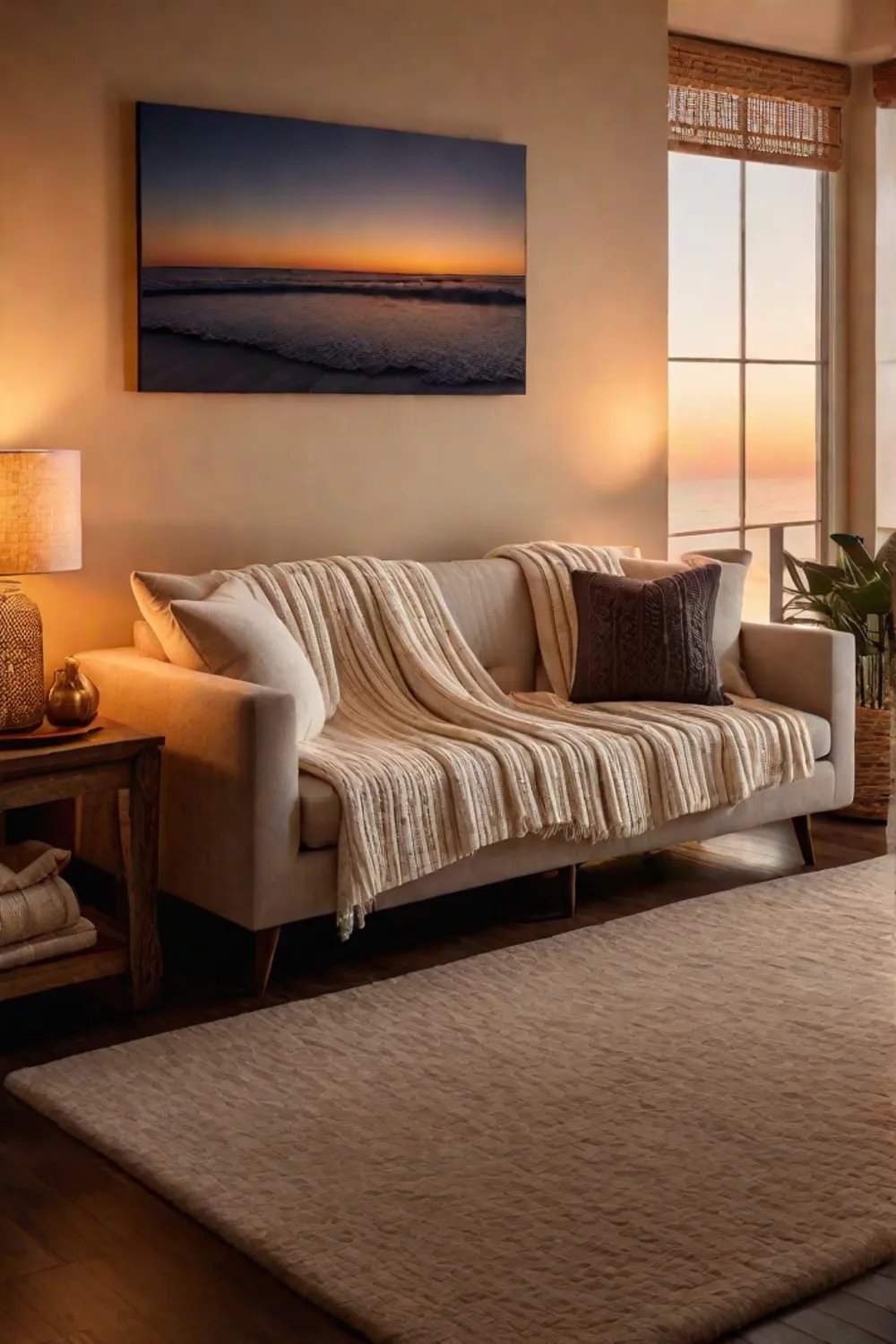 A living room filled with warm light and comfy furniture