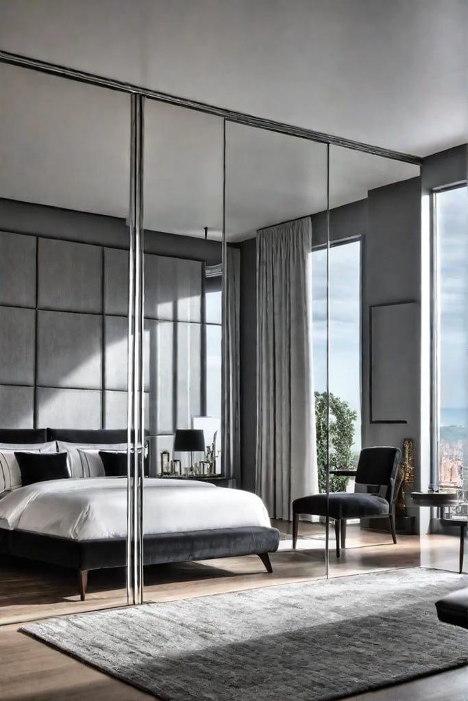 A mirrored closet door seamlessly blends into the wall visually doubling the size of a small bedroom