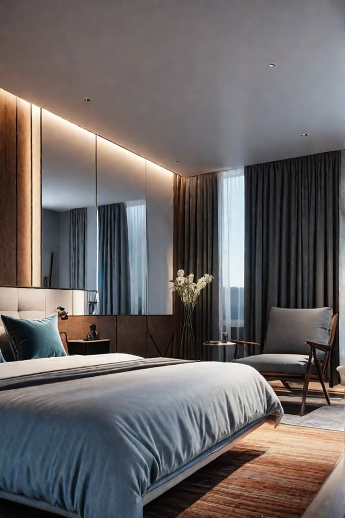 A mirrored wall panel reflects a window and natural light making a small bedroom appear larger and brighter