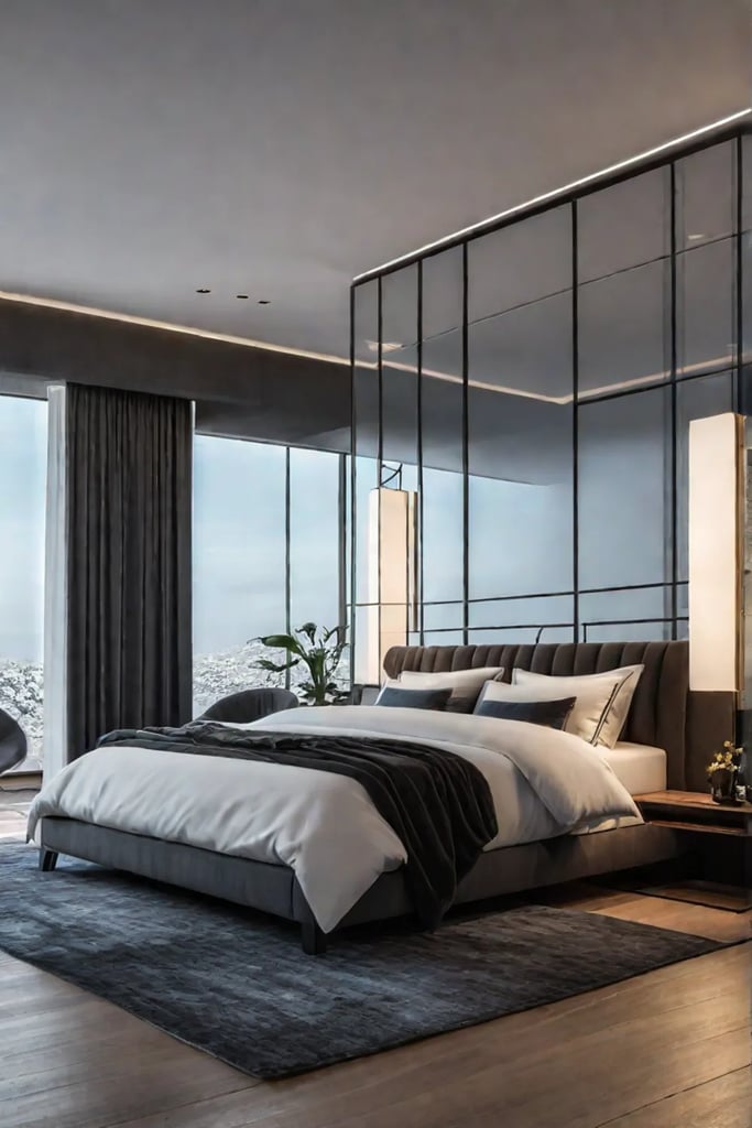 A mirrored wall visually expands a narrow bedroom creating a sense of openness and reflecting architectural details