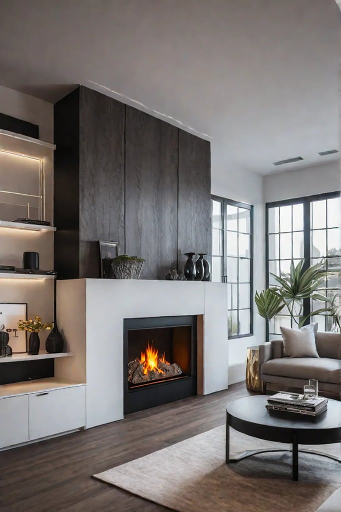 A warm and inviting living room atmosphere created by smart home features and a crackling fireplace