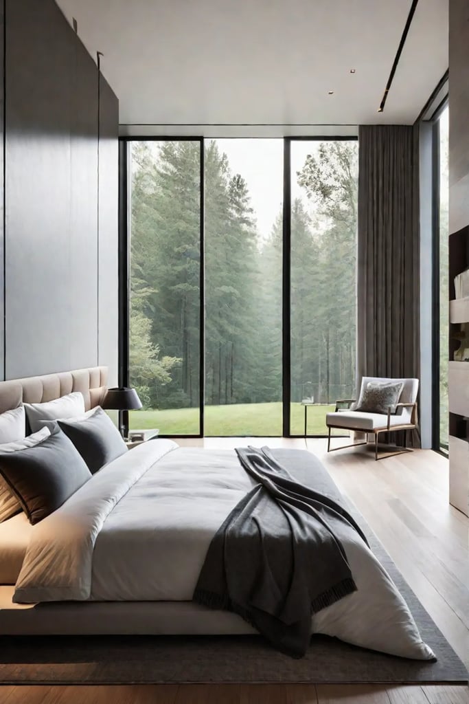 Airy bedroom with large windows connecting to outdoors